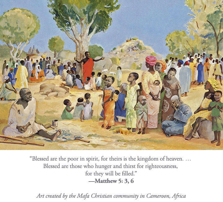 artwork from the Mafa Christian Community in Cameroon of the Sermon on the Mount.